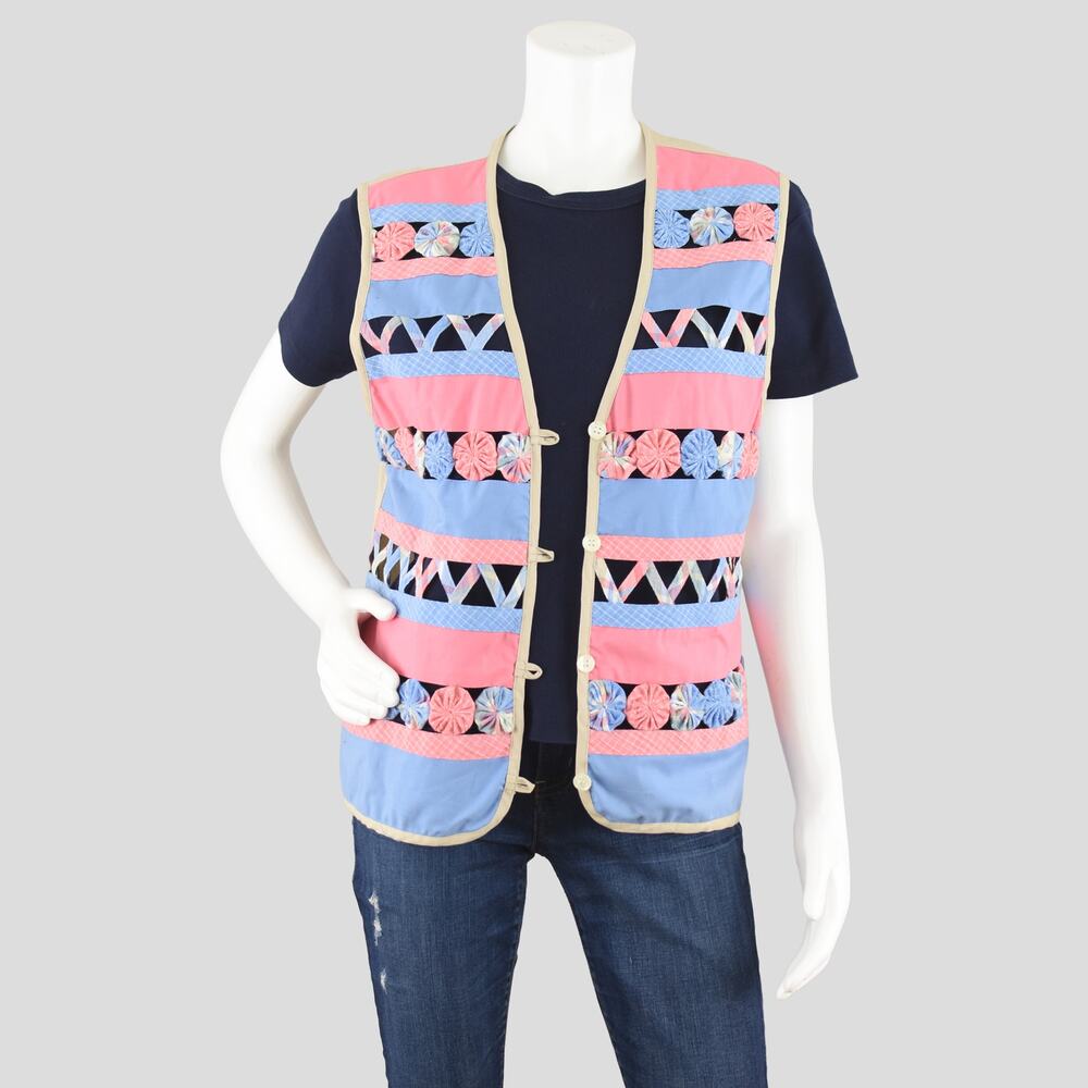 Quilted Style Vest, Pink and Blue Striped Lattice Waistcoat NWT, Women's Medium